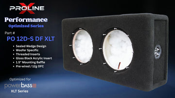 Proline X PO 12D-S DF XLT sealed down-fire enclosure, three-quarter view of both flush-mount baffle openings and the side terminal cup. Optimized for PowerBass XLT.
