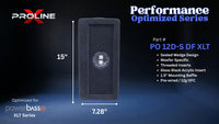 A black woofer enclosure insert shown on a dark blue gradient background with measurement labels indicating 15 inches tall by 7.28 inches wide, plus text reading 'Performance Optimized Series' and 'Part # PO 12D-S DF XLT' with Proline branding.
