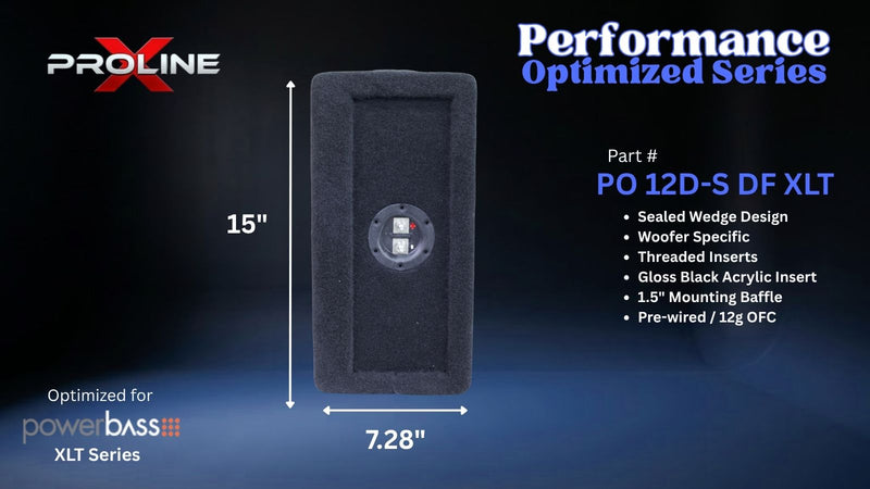 A black woofer enclosure insert shown on a dark blue gradient background with measurement labels indicating 15 inches tall by 7.28 inches wide, plus text reading 'Performance Optimized Series' and 'Part # PO 12D-S DF XLT' with Proline branding.