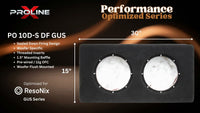A black rectangular audio component labeled PO 10D-S DF GUS from Proline, shown on a dark promotional graphic with white text and dimension lines indicating 30 inches by 15 inches. The product has two circular openings with a marbled white-and-black pattern.