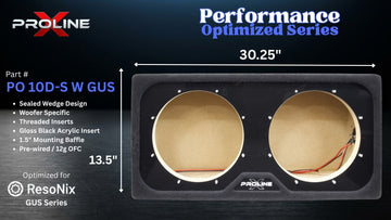 Performance Optimized Series woofer enclosure by Proline for Resonix GUS series, featuring a black double-baffle design with two circular openings, shown with dimension markings of 30.25 inches by 13.