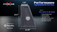 A performance-optimized GUS woofer shown on a dark studio-style background with dimension arrows and text. The product is a wedge-shaped black woofer with a circular speaker grille and visible ResoNix branding.