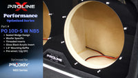 Close-up of a Proline X Performance Optimized Series PO 10D-S W NB5 speaker enclosure showing the interior with a beige acoustic wedge insert, black mounting surface, visible wiring, and a blue text panel on the left with product details.