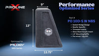 A product information graphic for a Proline PO 10D-S W NB5 woofer enclosure. The image shows a dark gray wedge-shaped woofer with dimension lines indicating 13 inches height, 9 inches top width, and 13.