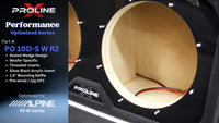 Close-up of a Proline Performance Optimized Series PO 10D-S W R2 speaker enclosure showing the interior with a beige acoustic wedge insert, black mounting surface, visible wiring, and a blue text panel on the left with product details.