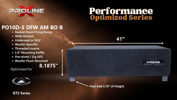 Proline X PO10D-S DFW AM BO B sealed down-fire wide enclosure for two Audiomobile GT2, 41 inches wide by 8.1875 inches tall, feet add 1.75 inches of height.
