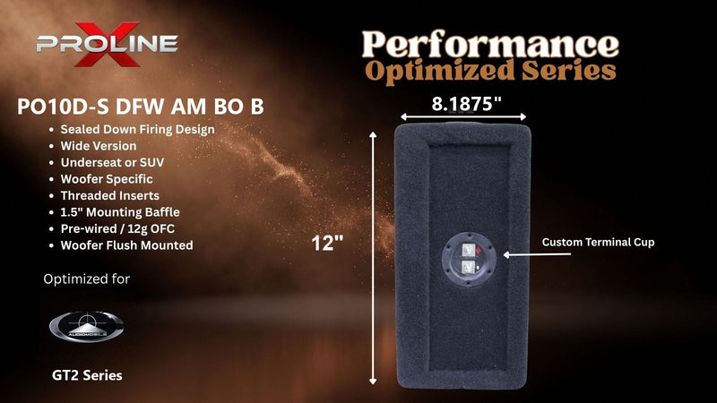 Proline X PO10D-S DFW AM BO B sealed down-fire wide enclosure, end panel with side-mounted terminal cup, 8.1875 inches tall by 12 inches deep.