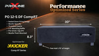 A dark gray Proline PO 12-S DF CompRT speaker cabinet shown on a dark promotional background with dimension callouts: 30 inches wide, 8.3 inches tall, and feet adding 1.