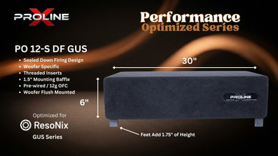 A dark gray Proline PO 10-S DF GUS speaker shown on a black promotional graphic with dimensions labeled 30 inches wide and 5.1 inches high, plus feature text and the Proline and ResoNix branding.