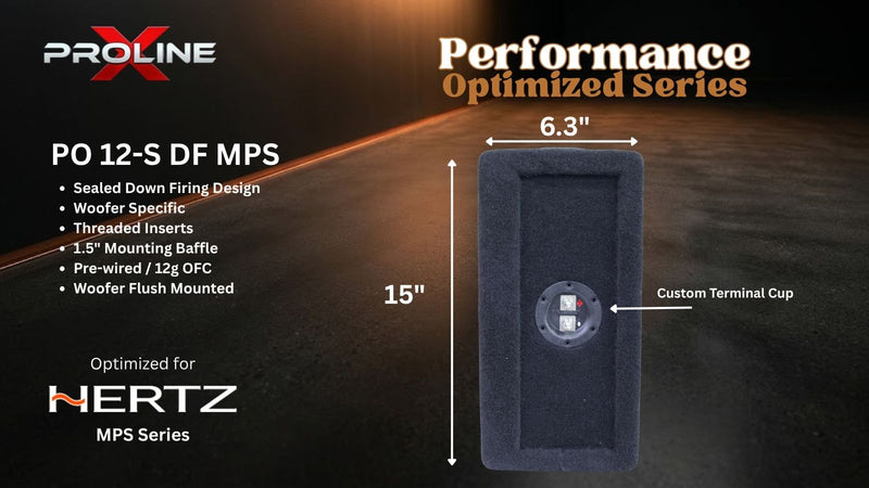 Proline X PO 12-S DF MPS sealed down-fire enclosure, end panel with recessed terminal cup, 6.3 inches deep by 15 inches tall. Optimized for Hertz MPS.
