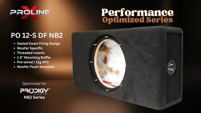 A black Proline Prodigy PO 12-S DF NB2 sealed down firing subwoofer enclosure shown on a dark brown gradient background with product specifications and branding text.