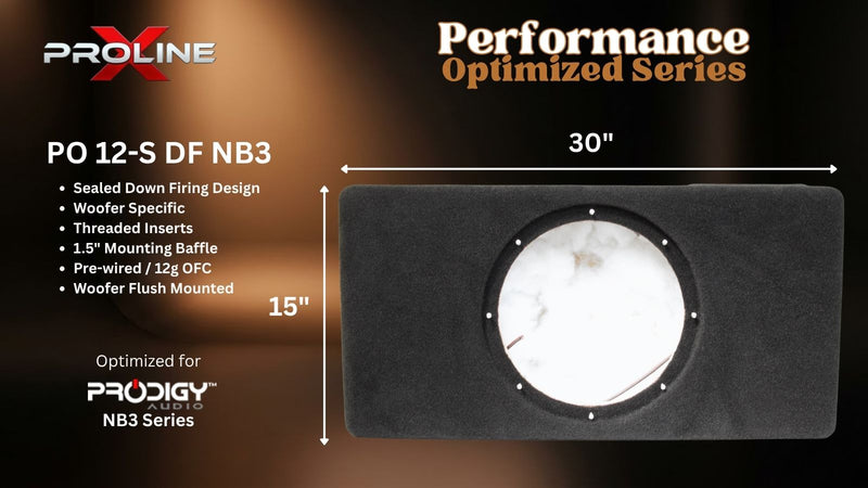 Proline X PO 12-S DF NB3 sealed down-fire enclosure, front baffle with a single flush-mount cutout, 30 by 15 inches. Optimized for Prodigy Audio NB3.