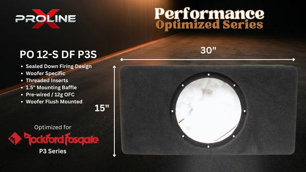 A black rectangular speaker enclosure panel with a circular cutout, shown on a dark promotional graphic. The graphic includes the Proline brand, the text 'Performance Optimized Series,' model details 'PO 12-S DF P3S,' dimensions labeled 30 inches wide by 15 inches tall, and Rockford Fosgate compatibility.