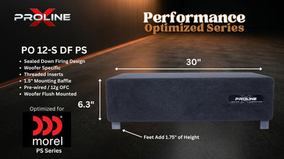 A dark gray rectangular speaker enclosure shown on a dark studio-style background with overlaid dimensions (30 inches wide, 6.3 inches high) and product specs.