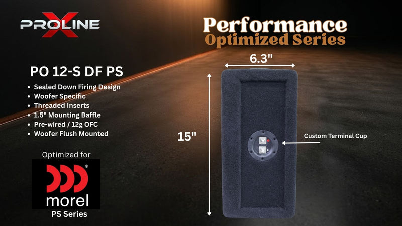 A dark gray Woofer Proline PO 12-S DF PS speaker enclosure shown on a dark stage background with dimension labels of 15 inches by 4.9 inches and text describing features and compatibility with the Morel PS Series.
