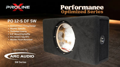 A black Arc Audio Proline PO 12-S DF SW woofers subwoofer enclosure shown on a wooden background with promotional text overlays.