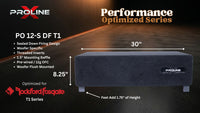 A dark gray rectangular audio speaker enclosure shown on a dark promotional graphic with dimension labels reading 30 inches wide and 7 inches high, plus text including 'PROLINE' and 'PO 12-S DF T1'.