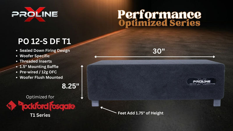 A dark gray rectangular audio speaker enclosure shown on a dark promotional graphic with dimension labels reading 30 inches wide and 7 inches high, plus text including 'PROLINE' and 'PO 12-S DF T1'.