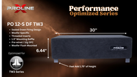 Proline X PO 12-S DF TW3 sealed down-fire enclosure, 30 inches wide by 6.44 inches tall, feet add 1.75 inches. Optimized for JL Audio TW3.