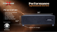 A dark gray PROLINE PO 12-S DF W3 subwoofer shown on a black promotional graphic with dimension labels of 30 inches wide and 8.3 inches high, plus feature text and the PROLINE Performance Optimized Series branding.