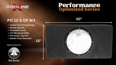 A black rectangular woofer enclosure with a circular opening, shown on a dark brown promotional graphic. The image includes text reading 'PROLINE Performance Optimized Series,' 'PO 10-S DF W3,' dimensions of 30 by 15 inches, and a small logo for W3 Series.