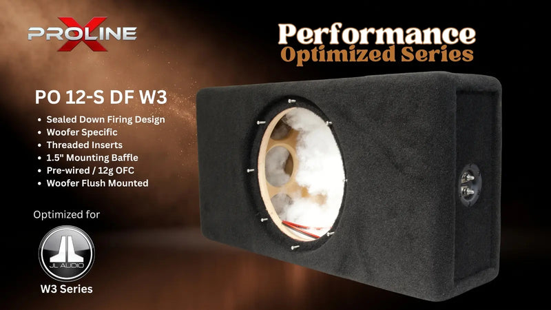 A black Proline X woofers PO 12-S DF W3 sealed down firing design subwoofer shown at a three-quarter angle on a dark brown gradient background with product specifications and branding.