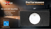 A product graphic for a Proline PO 12-S DF thinPRO speaker baffle, showing a black rectangular mounting frame with a circular cutout on a dark background. The image includes text detailing the product features, dimensions (30 inches by 15 inches), and compatibility with the Wavtech thinPRO series.