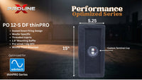 A promotional product graphic for the Proline PO 12-S DF thinPRO speaker enclosure. The image shows a black fabric-covered rectangular speaker cabinet on a dark stage-like background, with dimension callouts indicating 15 inches height and 5.