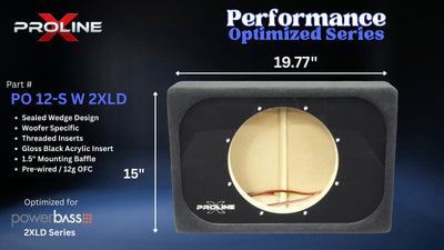 Proline Performance Optimized Series PO 12-S W 2XLD subwoofer enclosure, showing a black acrylic front cover with a circular wood-grain insert and dimension markings of 19.77 inches by 15 inches.
