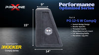 A Proline CompQ performance-optimized subwoofer enclosure shown on a dark studio background with dimension callouts: 13 inches height, 13.2 inches width, and 8.
