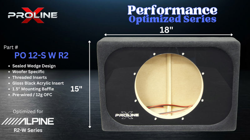 Alpine Proline PO 12-S W R2 woofers shown in a black acrylic enclosure with a circular opening, labeled as 18 by 15 inches, on a dark blue background with product specifications and branding.