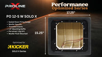 A product specification graphic for a Proline Performance Optimized Series PO 12-S-W Solo X woofer enclosure. The image features a dimensioned diagram of the woofer's interior showing 17.