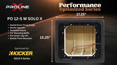 A product specification graphic for a Proline Performance Optimized Series PO 12-S-W Solo X woofer enclosure. The image features a dimensioned diagram of the woofer's interior showing 17.