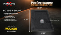 A black rectangular speaker enclosure or woofer mounting panel shown on a dark promotional graphic with dimensions labeled 11.75 inches, 15.