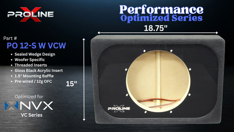 A Proline Performance Optimized Series 12 inch car audio subwoofer enclosure, shown on a dark textured background with technical specifications and dimensions.