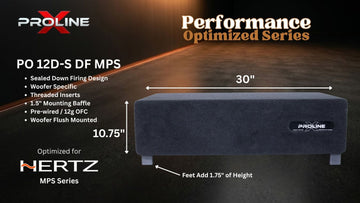 A dark gray rectangular subwoofer enclosure shown on a black promotional graphic with text labels indicating dimensions: 30 inches wide and 10.75 inches high.