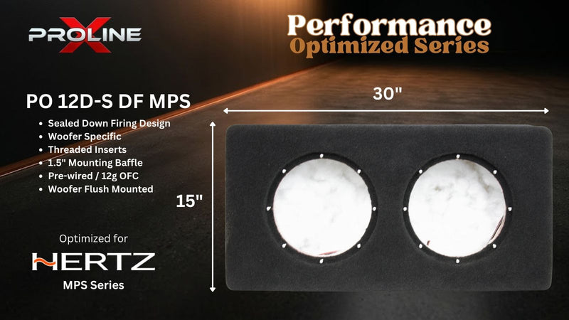 Proline X PO 12D-S DF MPS sealed down-fire enclosure, front baffle with two flush-mount cutouts, 30 by 15 inches. Optimized for Hertz MPS.