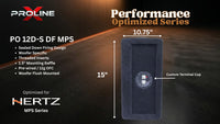 Proline X PO 12D-S DF MPS sealed down-fire enclosure, end panel with recessed terminal cup, 10.75 inches deep by 15 inches tall. Optimized for Hertz MPS.