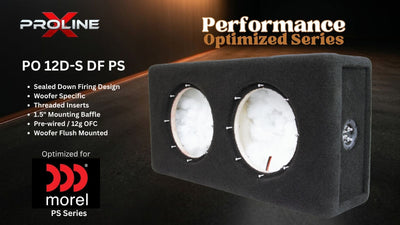 A black Proline Performance Optimized Series PO 12D-S DF PS woofer enclosure box with two circular driver openings, shown on a dark promotional background with product text and logos.
