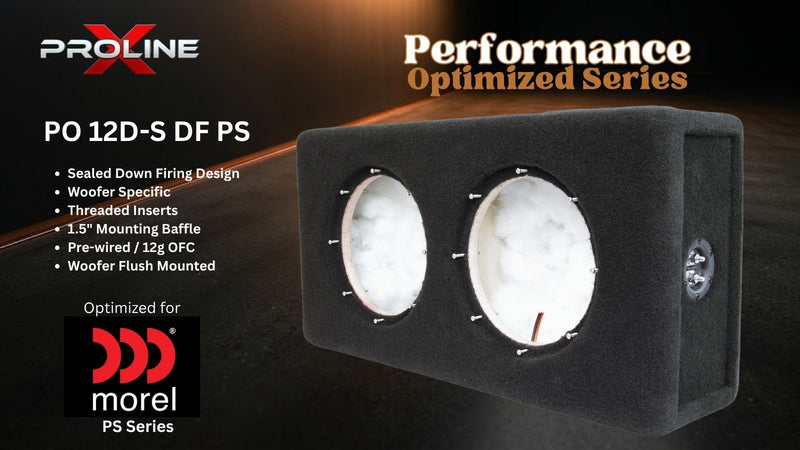 A black Proline Performance Optimized Series PO 12D-S DF PS woofer enclosure box with two circular driver openings, shown on a dark promotional background with product text and logos.