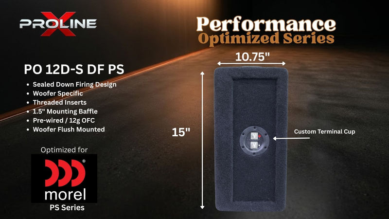 A dark gray woof box shown on a black background with overlaid product information, dimensions (10.75 inches wide by 15 inches tall), and branding for Proline and Morel.