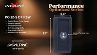 Proline X sealed down-fire enclosure, end panel with recessed terminal cup, 9.4 inches deep by 15 inches tall. Optimized for Alpine RS-W.