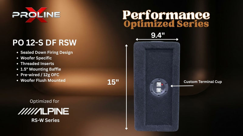 Proline X sealed down-fire enclosure, end panel with recessed terminal cup, 9.4 inches deep by 15 inches tall. Optimized for Alpine RS-W.