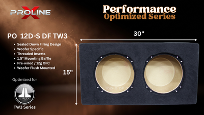 A Proline Performance Optimized Series PO 10D-S DF TW3 double speaker enclosure box, shown with dimensions of 30 inches by 15 inches and a black front panel with two circular speaker cutouts.