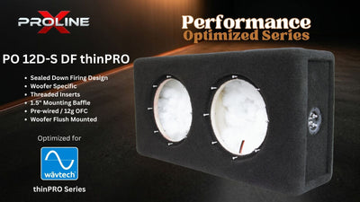 A Proline PO 12D-S DF thinPRO woofer enclosure shown at a three-quarter angle on a dark promotional background. The enclosure is black with two circular driver openings containing white foam.