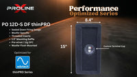 A dark gray Woofer Pro 12D-S DF thinPRO performance optimized series speaker enclosure shown on a dark background with dimension markings of 15 inches by 6.25 inches.
