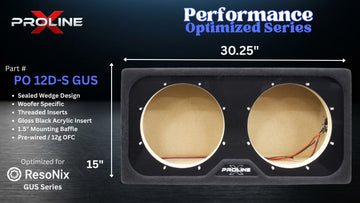 A product graphic showing a Proline PO 12D-S GUS double speaker enclosure on a dark background, with text indicating dimensions (30.25 inches by 15 inches), material details, and compatibility with ResoNix GUS series.