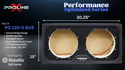A product graphic showing a Proline PO 12D-S GUS double speaker enclosure on a dark background, with text indicating dimensions (30.25 inches by 15 inches), material details, and compatibility with ResoNix GUS series.