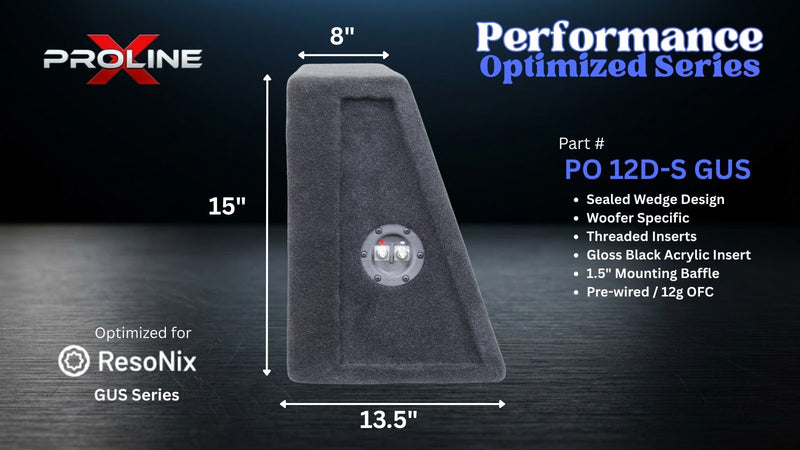 A dark gray wedge-shaped car audio woofer shown on a black background with measurement labels indicating 15 inches tall, 13.5 inches wide, and 8 inches top width.