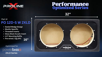A product graphic for a Proline Performance Optimized Series 2XLD dual woofer speaker enclosure. The black acrylic enclosure features two circular openings with beige acoustic foam inserts, shown against a dark blue gradient background with technical specifications and dimensions.